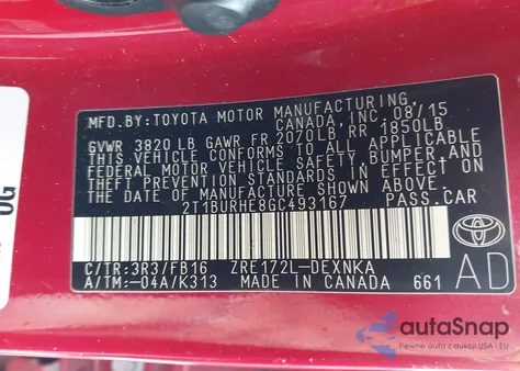 2016 Toyota Corolla Le z USA, uszkodzony, nr VIN 2T1BURHE8GC493167